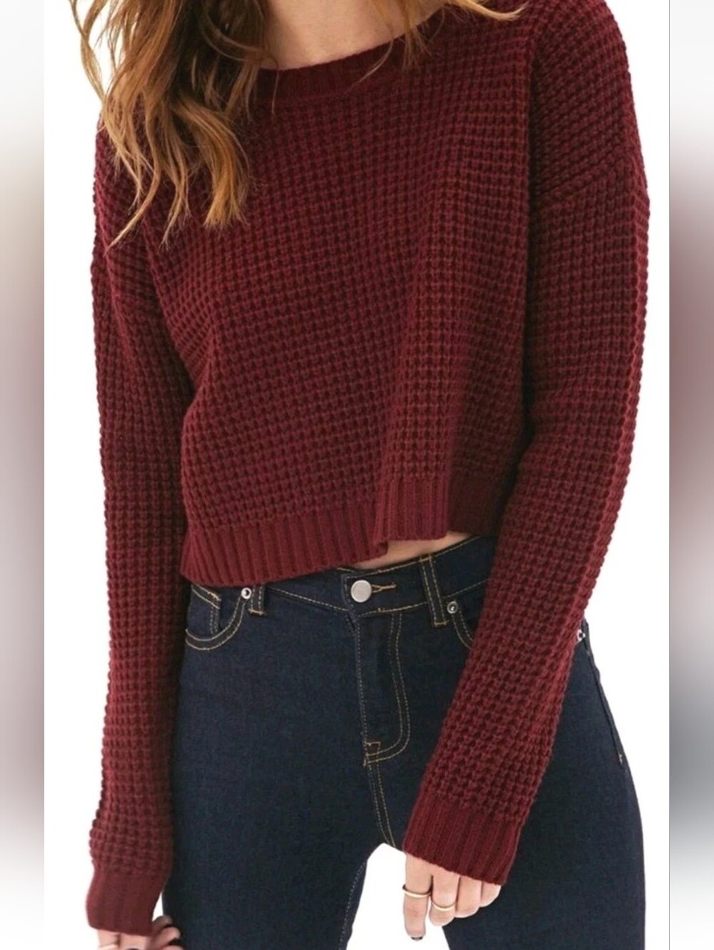 Vintage Rue 21 Chunky Waffle Knit Cropped Sweater Maroon Wine Crop Top Y2k M